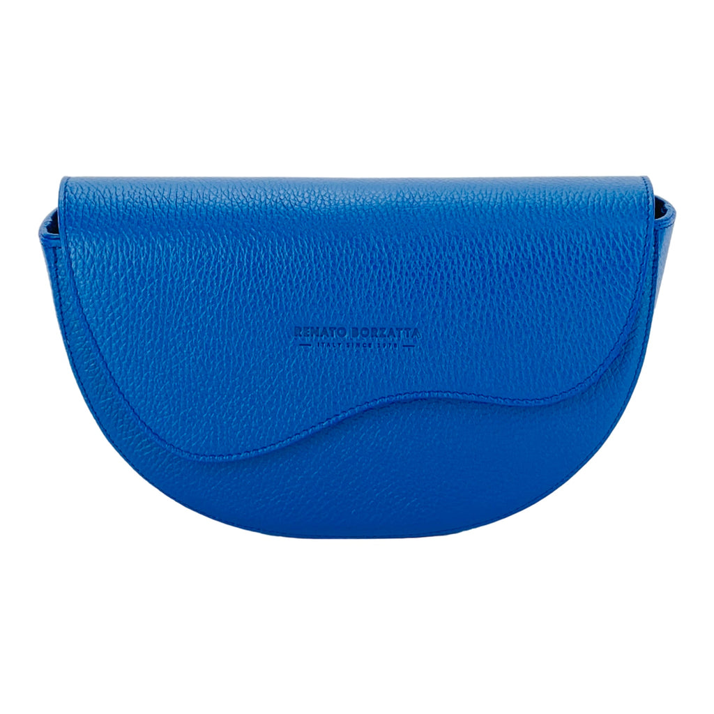 RB1027CH | Women's Rounded Bandolier Bag in Genuine Leather Made in Italy. Removable and adjustable leather shoulder strap. Polished Nickel hardware - Royal Blue color - Dimensions: 25 x 15 x 9 cm.